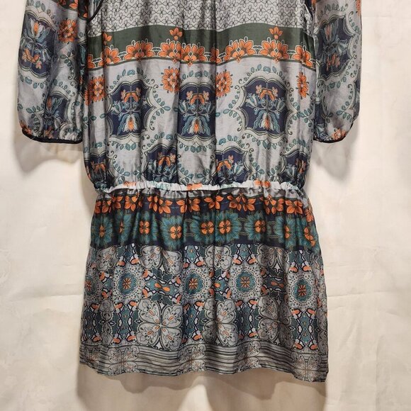 Trinity 100% Silk Blouse Women's Size M Floral V-Neck 3/4 Sleeve Elastic Waist - Picture 8 of 9